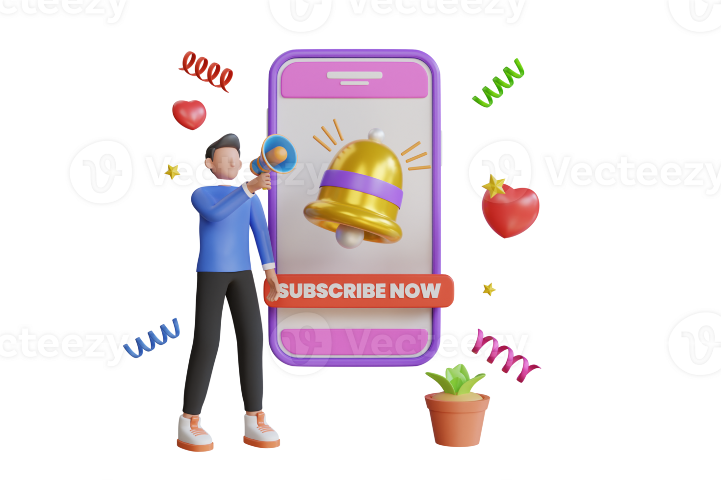 3d Subscribe now to our fans. Subscription notification with bell. Vlogger Asking For Subscribe. 3d illustration png