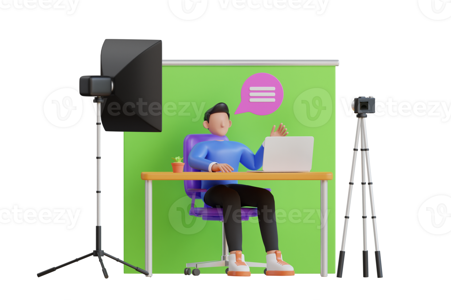 Man making video tutorial using camera at home.  blogger making a video for his blog.  Video blog recording. 3d illustration png