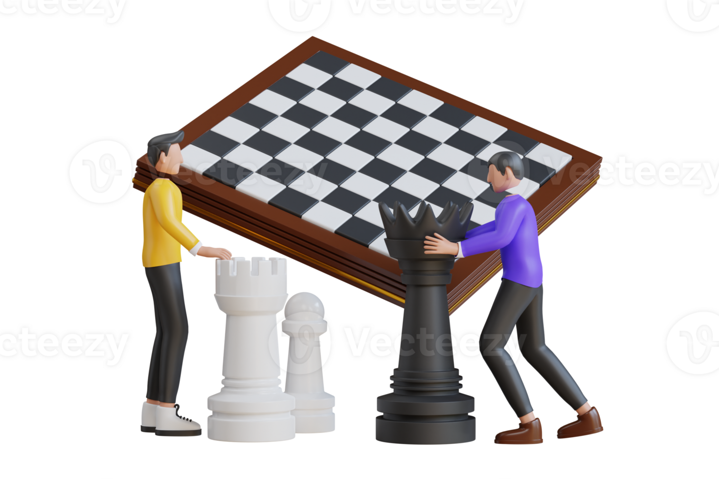 3D Two young man playing chess.  playing chess while spending time together at home. playing chess game. 3d illustration png