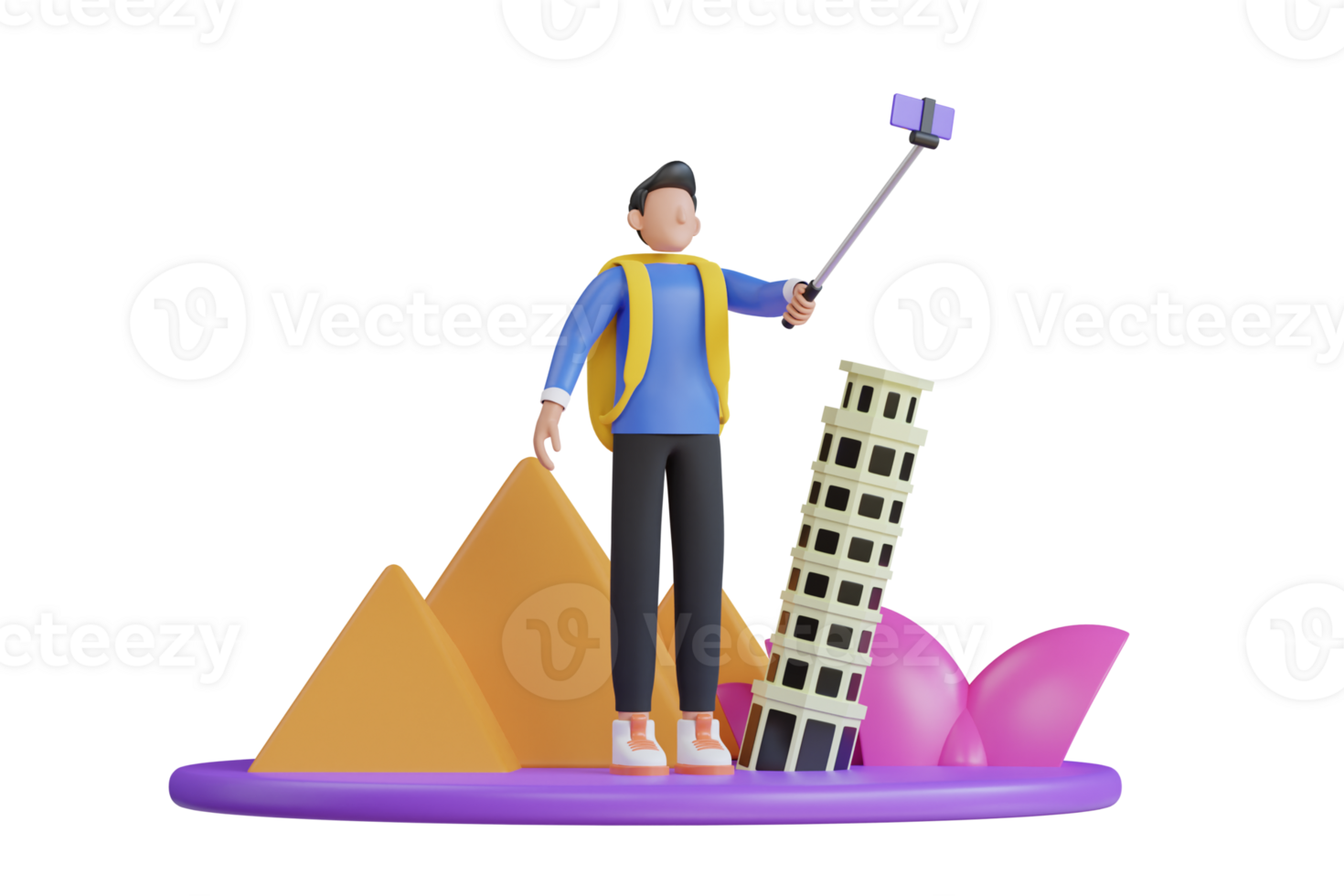 Travel Vlogger 3D Illustration. Young man traveler taking selfie photo with smartphone. 3d illustration png