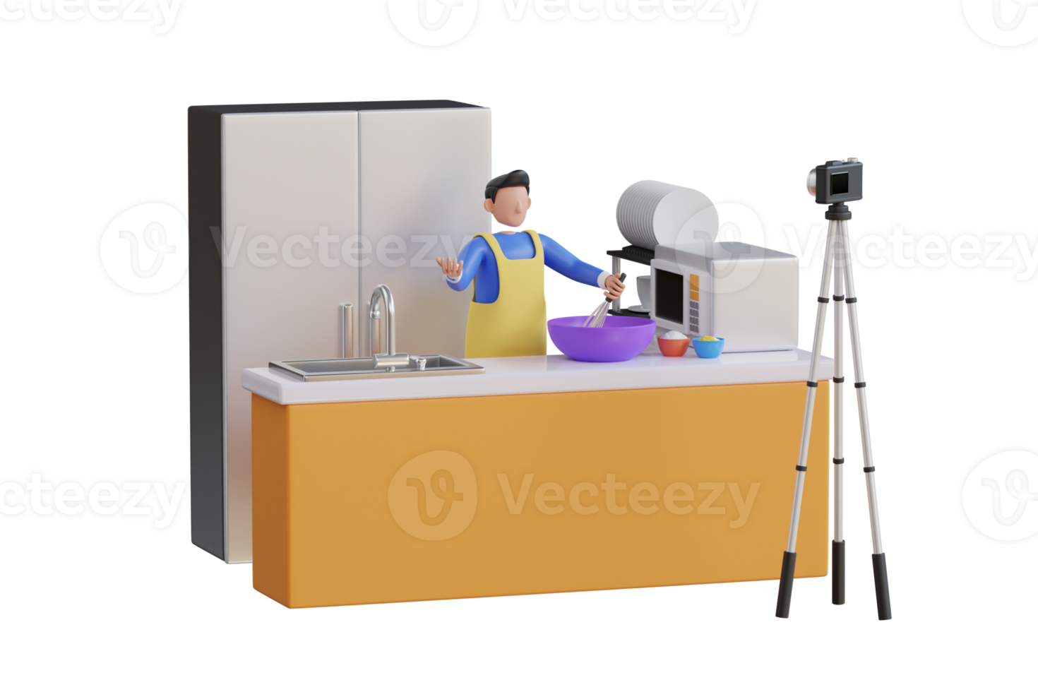 3d jong Mens vlogger bakken en opname video voor voedsel kanaal. Mens Koken en opname culinaire video voor blog of kanaal. 3d illustratie png