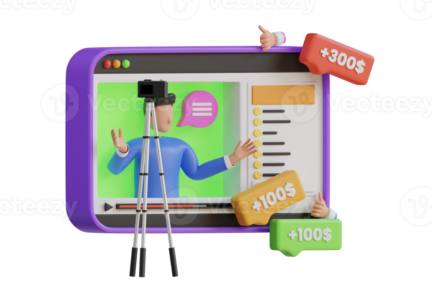 Donations and tips from fans. Making money with live streaming. Donate money to the vlogger. 3d illustration png