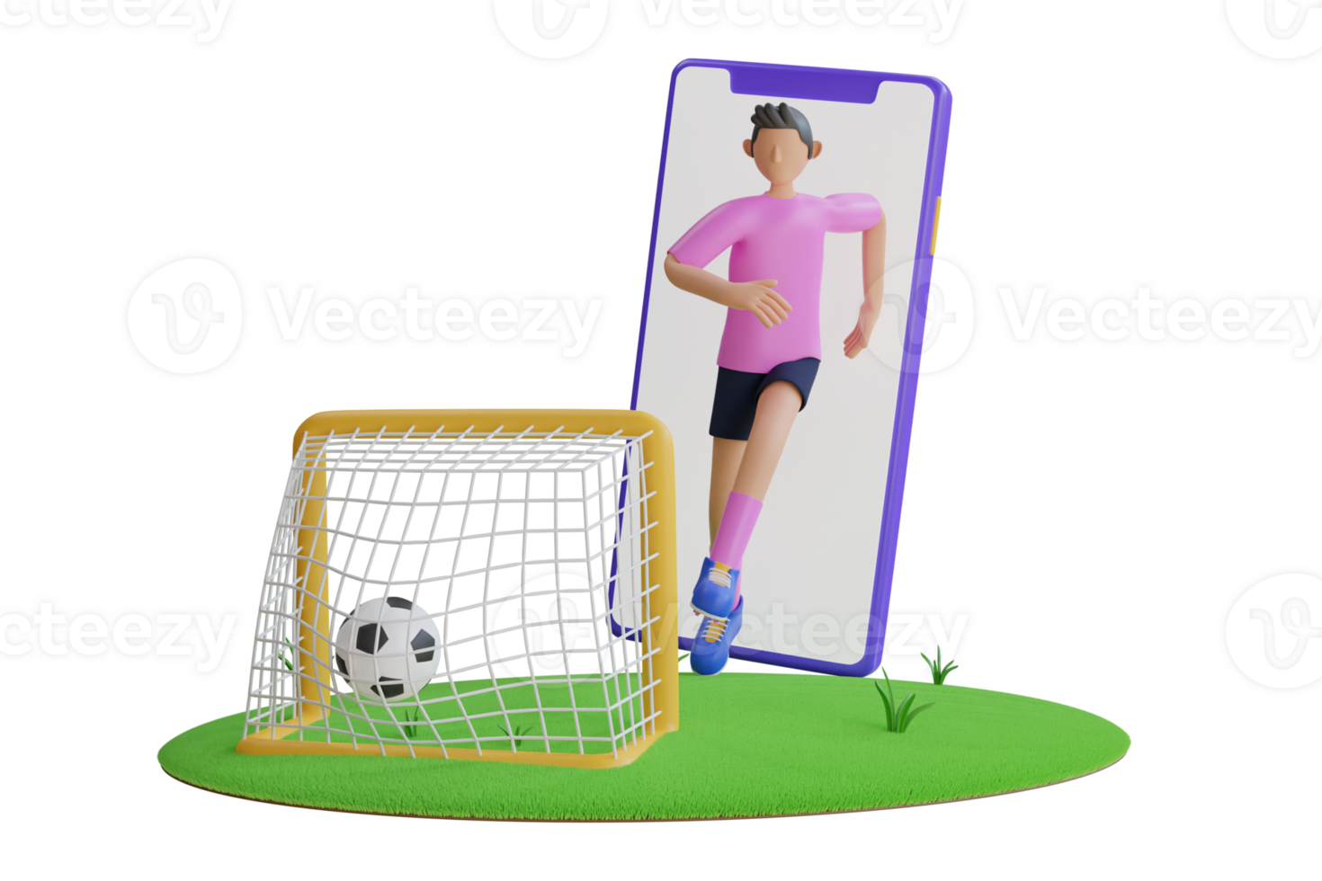 Watch a live sports event on your mobile device.  soccer ball on football field in smartphone screen . football app. 3d illustration png