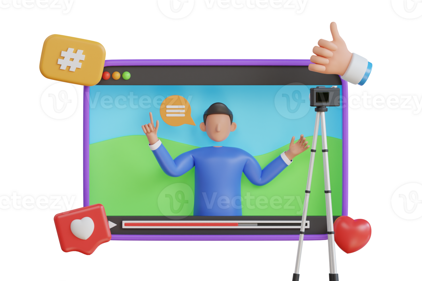 vlogger having live stream. Young man have live stream and say hi to fans happily at home. 3d illustration png
