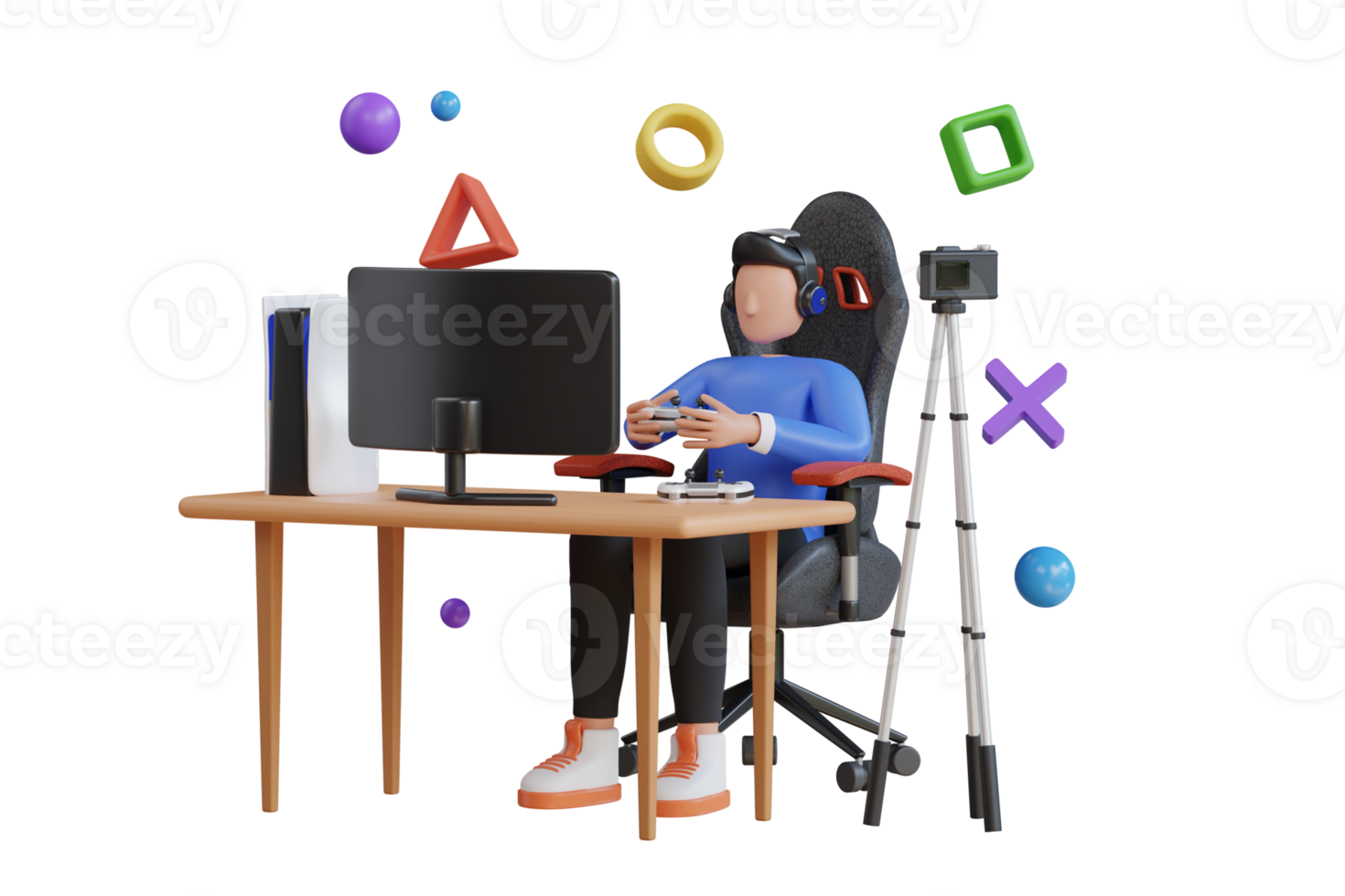 3D Illustration of professional gamer sitting in gaming chair. vlogger making and recording video for gaming channel. 3d illustration png