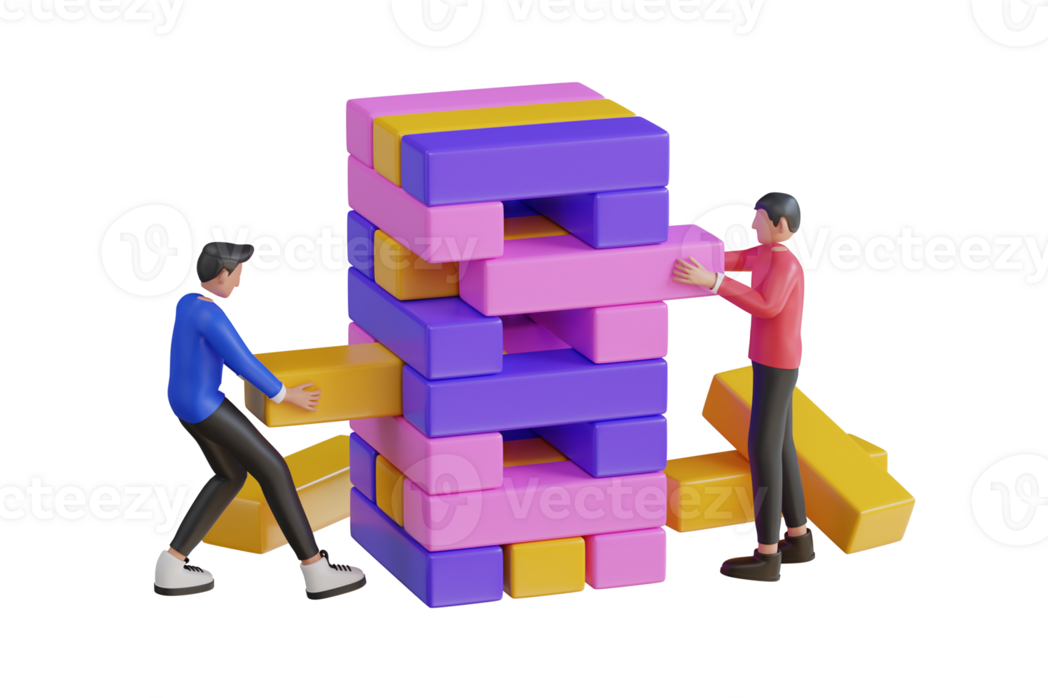 Jenga game. Wooden cubes block puzzle. Brick element tower and collapsed pile. playing Jenga at home. 3d illustration png