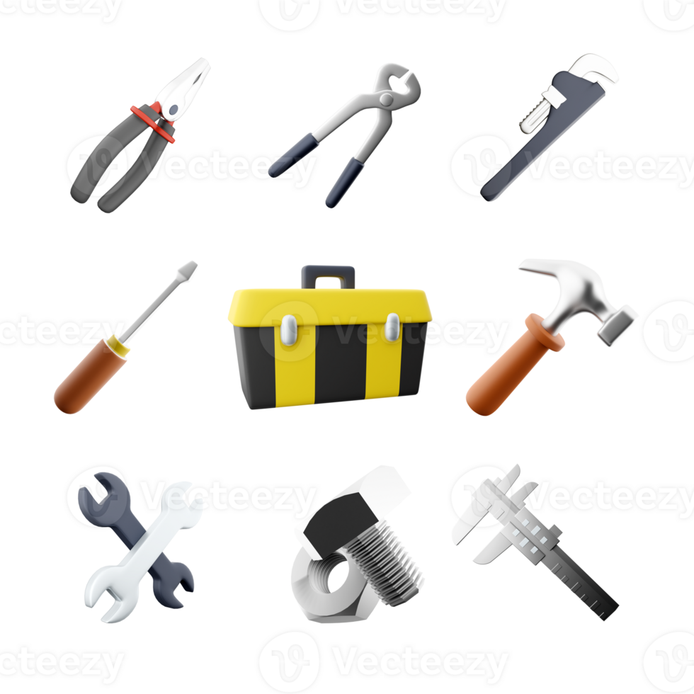 3d rendering pliers, construction tongs, straight pipe wrench, screwdriver, bolt and nut, tool box, hammer, two wrenchs, calipers icon set. 3d render construction concept icon set. png