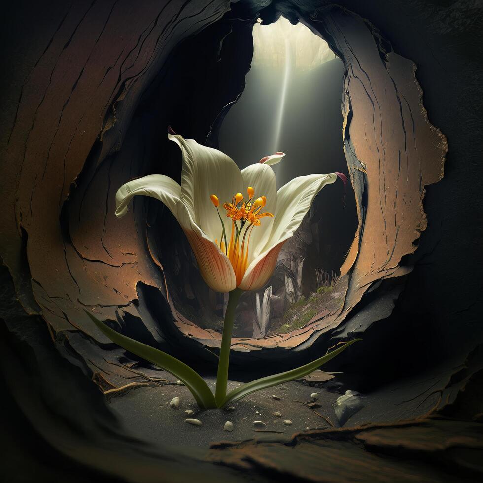 Lily flower in a hole in the wall, 3d illustration. photo