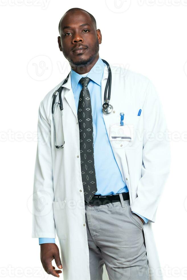 Portrait of a male doctor on white photo