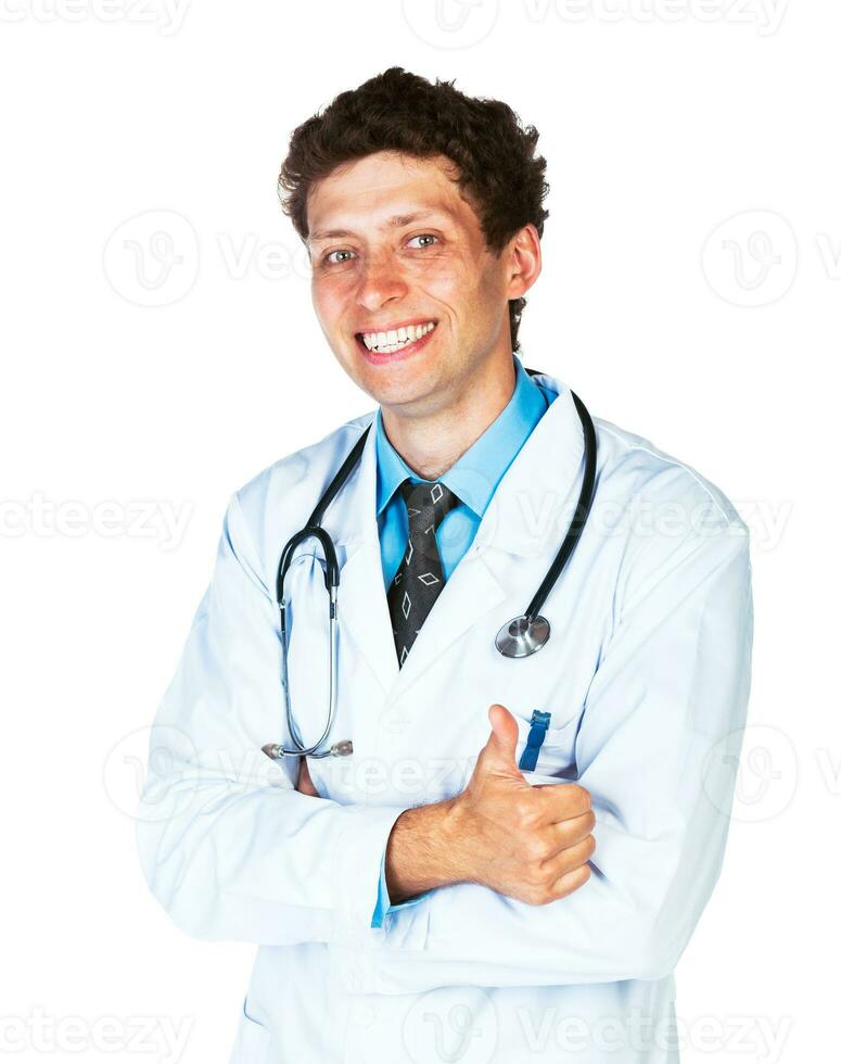 retrato de un sonriente masculino médico con dedo arriba en blanco foto