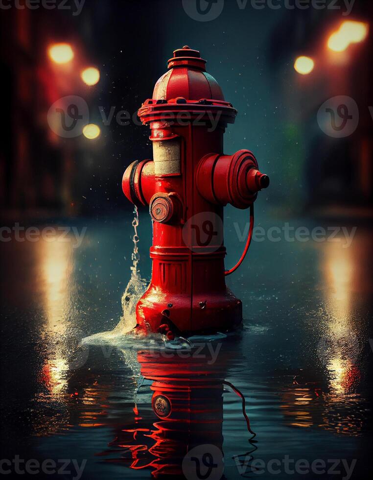Red fire hydrant in the flooded street, created with photo