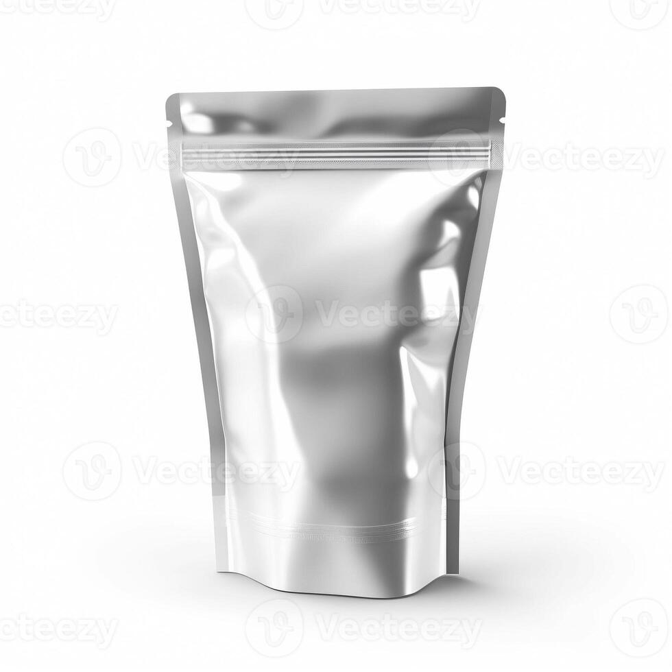 Foil food doy pack on white background, created with photo