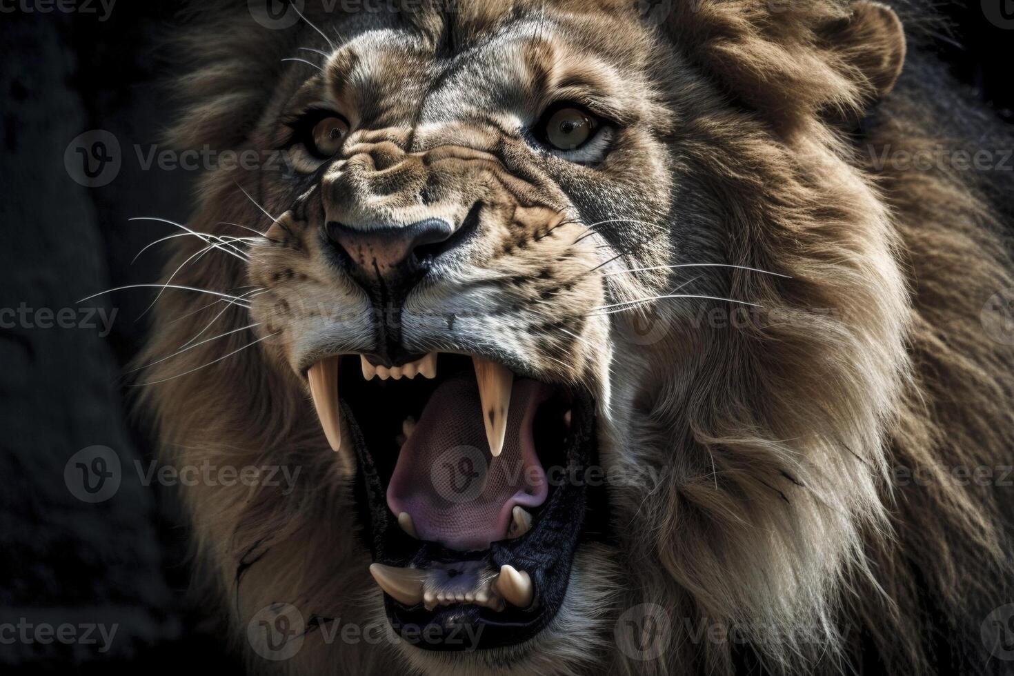 Roaring lion closeup, created with photo