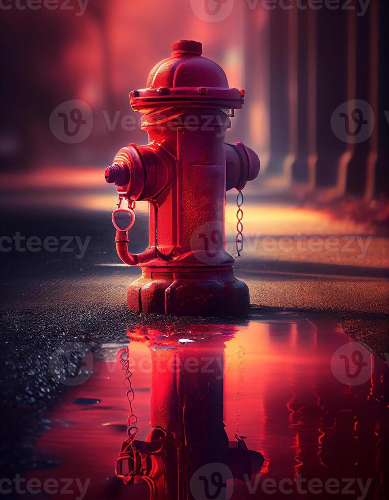 Red fire hydrant in the flooded street, created with photo