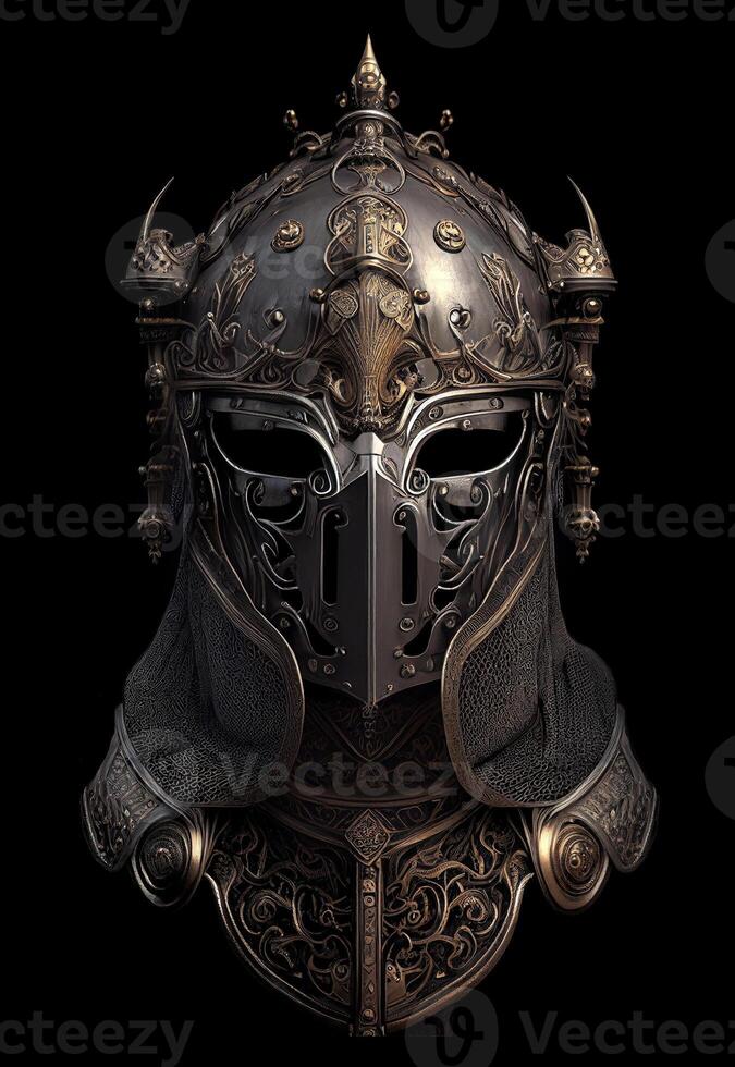 Front view of medieval knight helmet, isolated on black background, created with photo