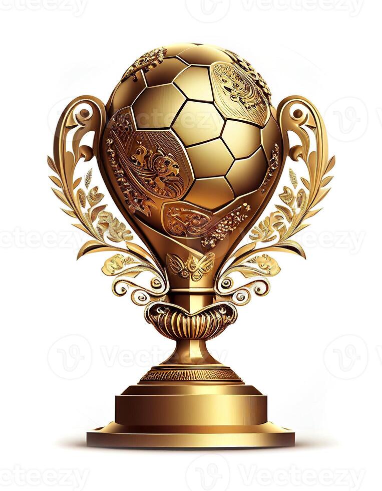 Gold football trophy on white background, created with photo