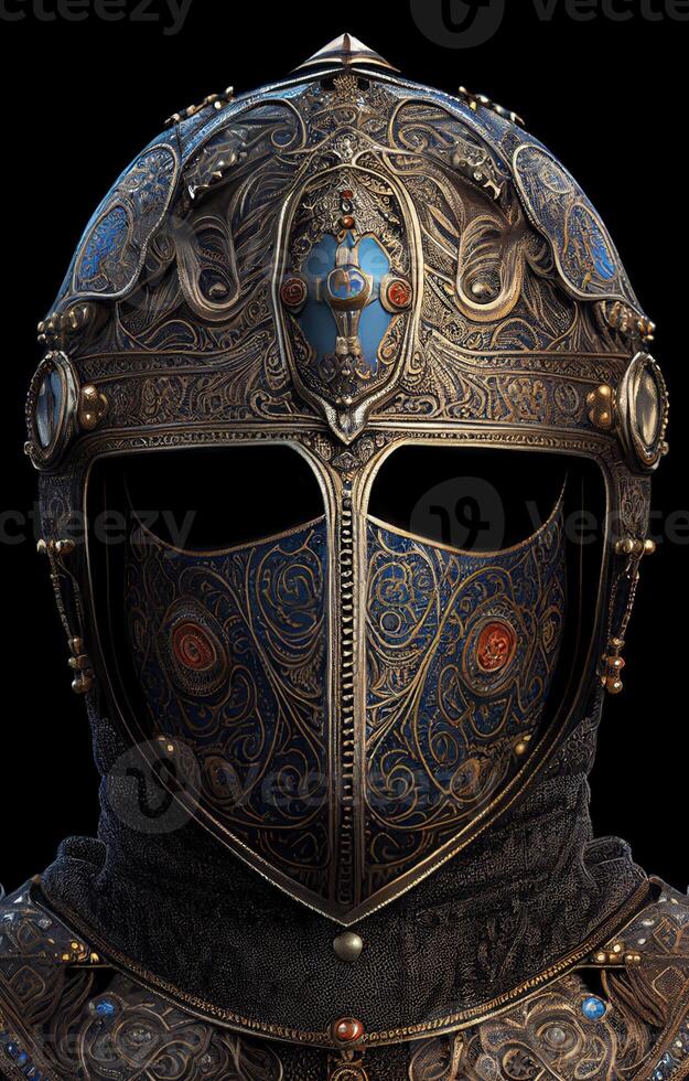 Front view of medieval knight helmet, isolated on black background, created with photo