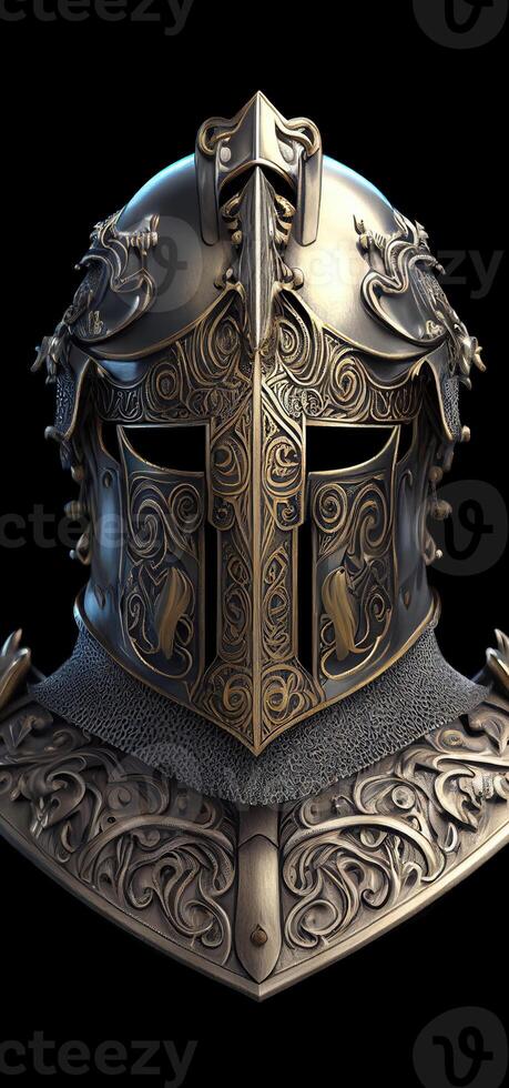 Front view of medieval knight helmet, isolated on black background, created with photo