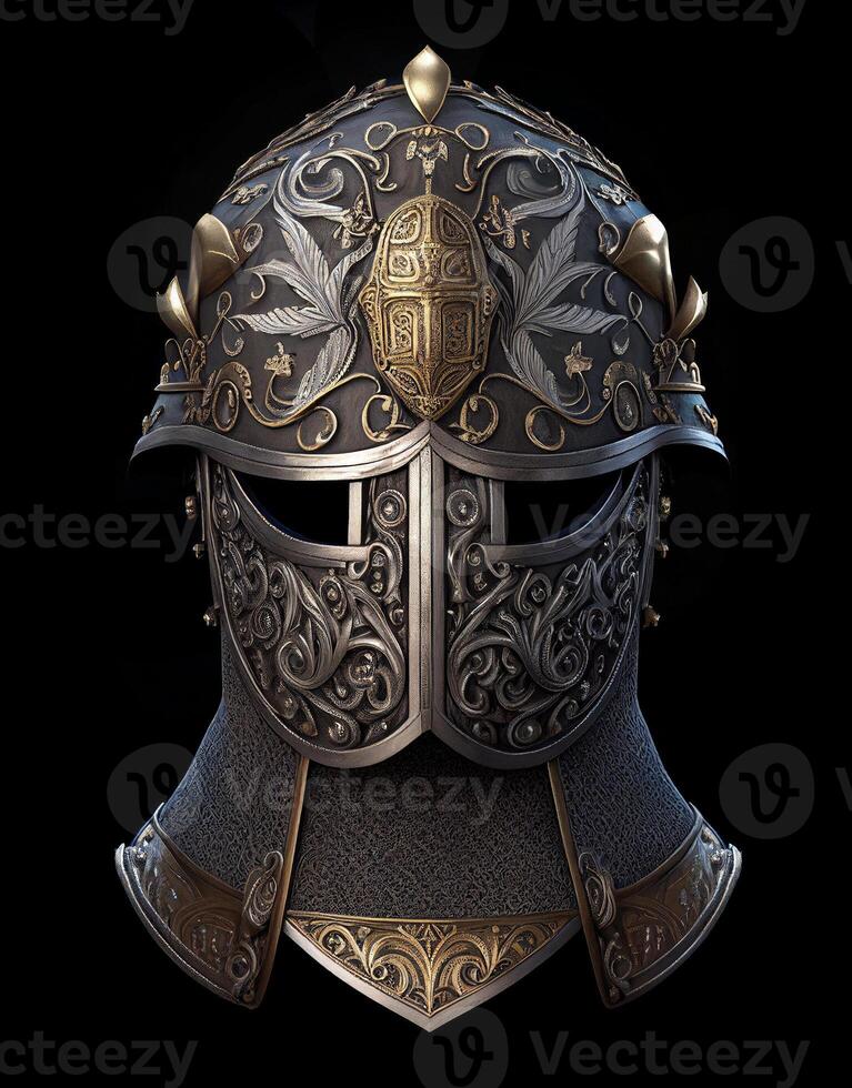 Front view of medieval knight helmet, isolated on black background