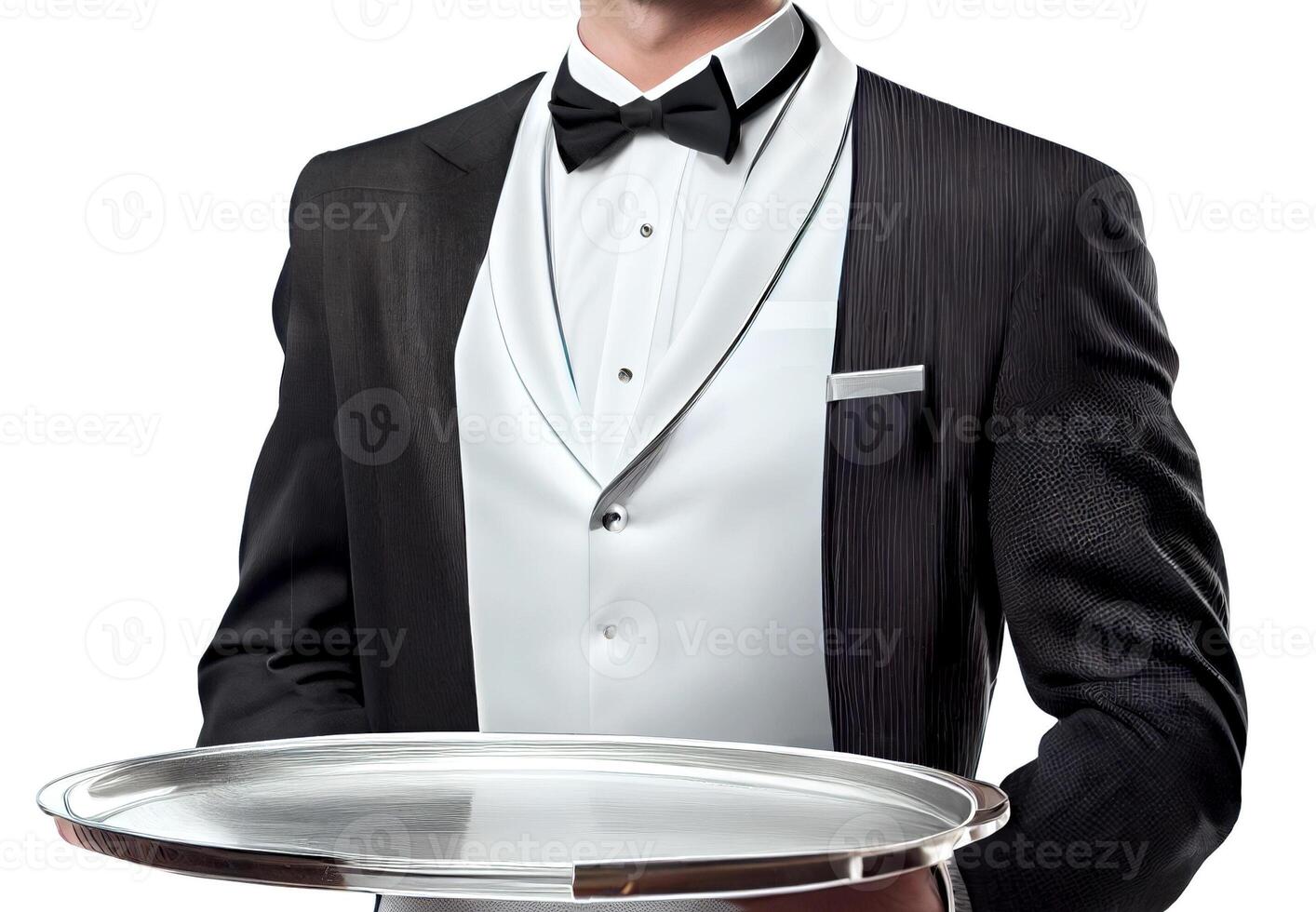 Waiter holding empty silver tray, created with photo