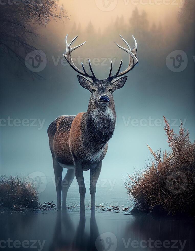 Deer standing in the foggy morning, created with photo