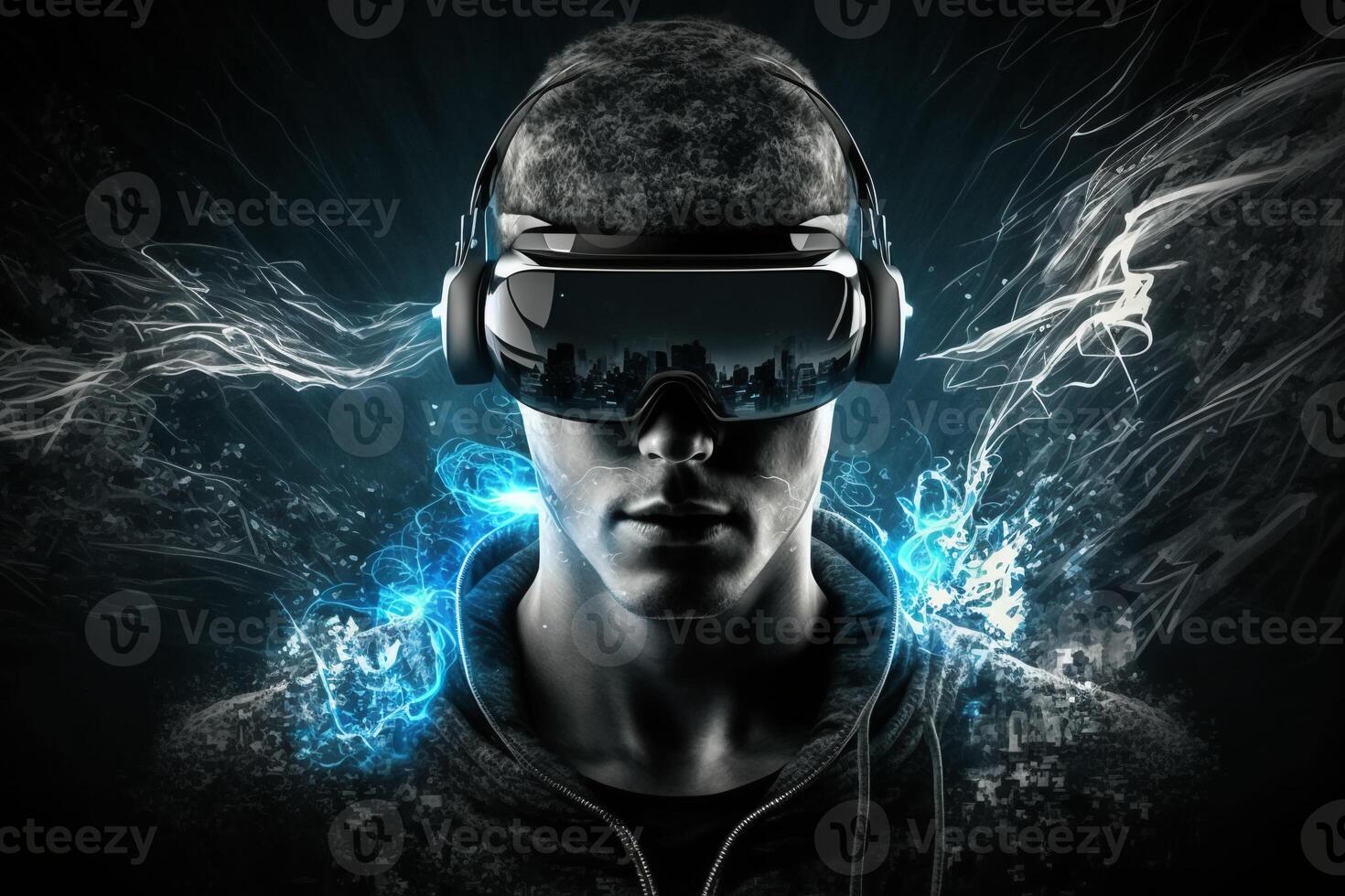 Man wearing a virtual reality glasses, created with photo