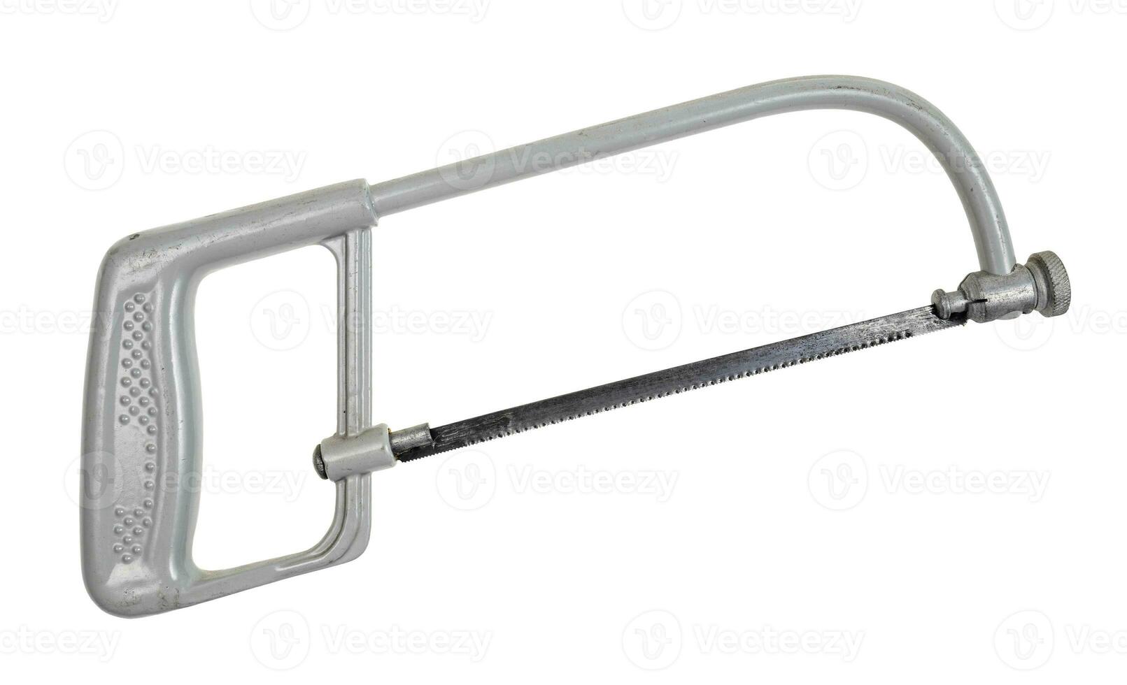 used grey hacksaw for metal isolated on white photo