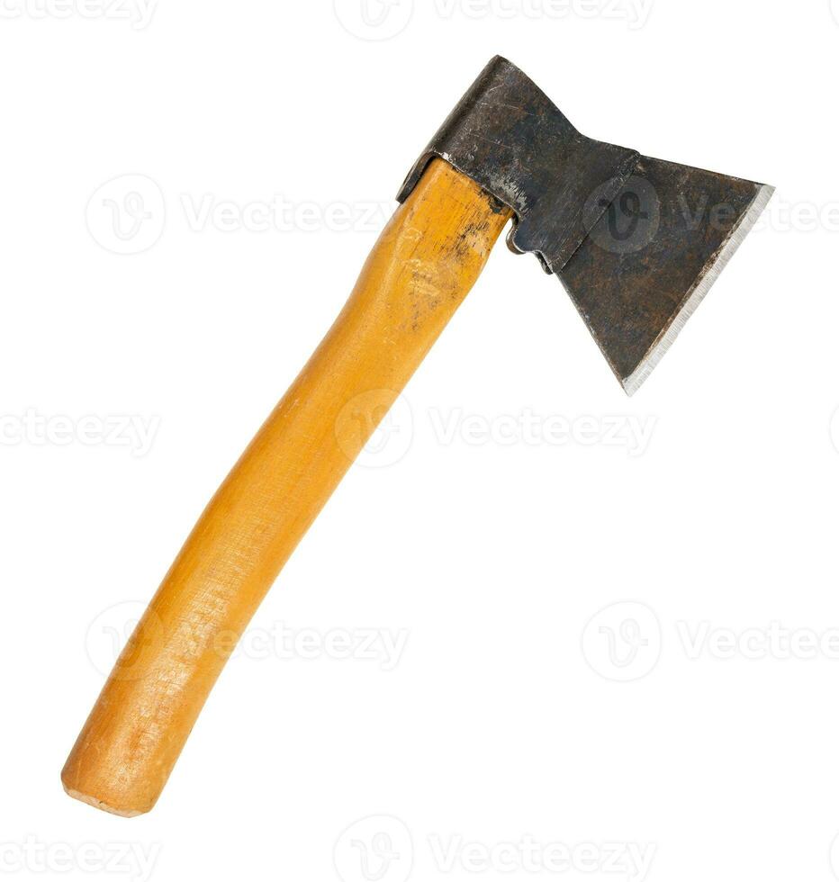 small tourist hatchet on wooden handle isolated photo