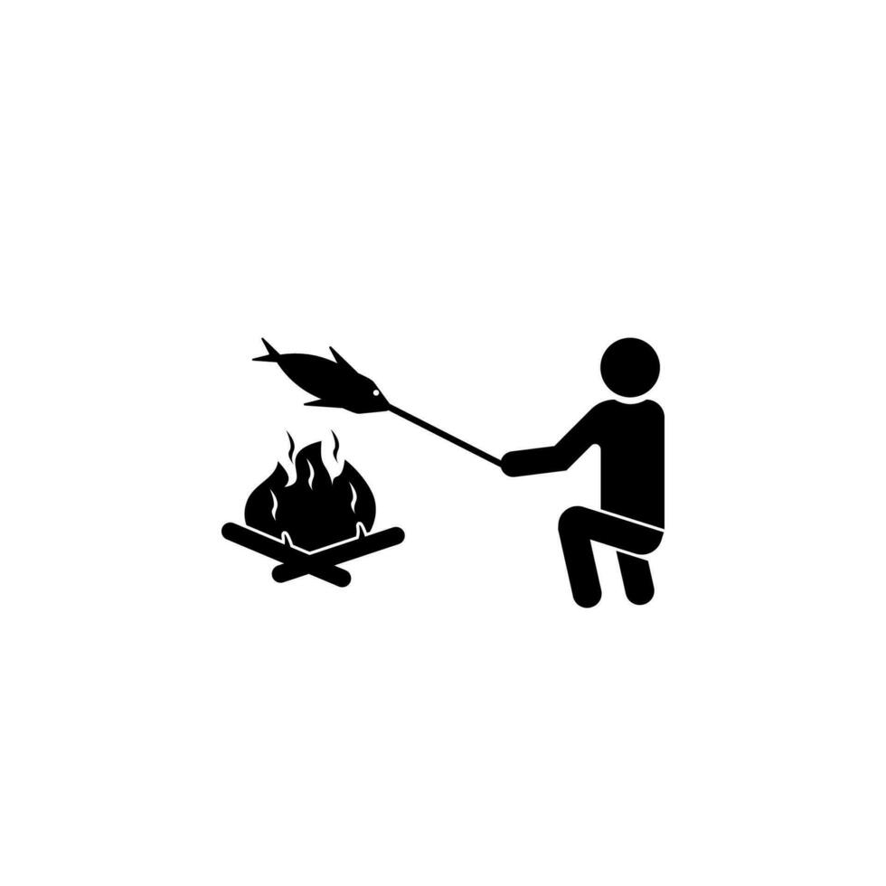 Man Fresh fish above camp fire vector icon illustration