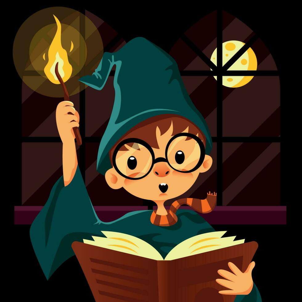 Sorcerer Boy Learning Spells vector