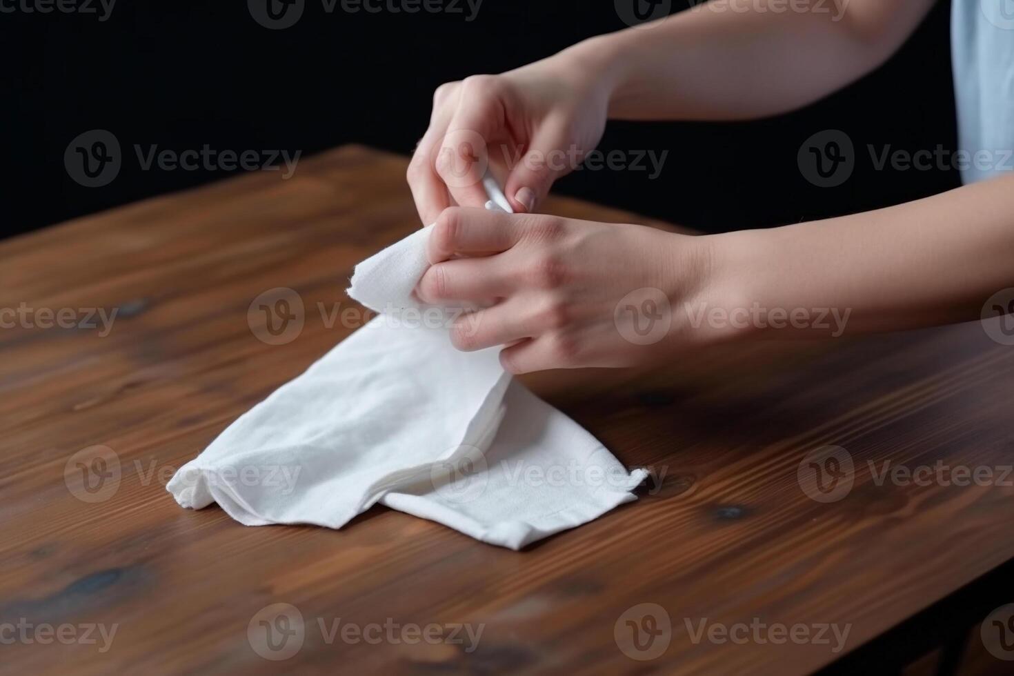 a woman hand holds a white rag over the table. photo