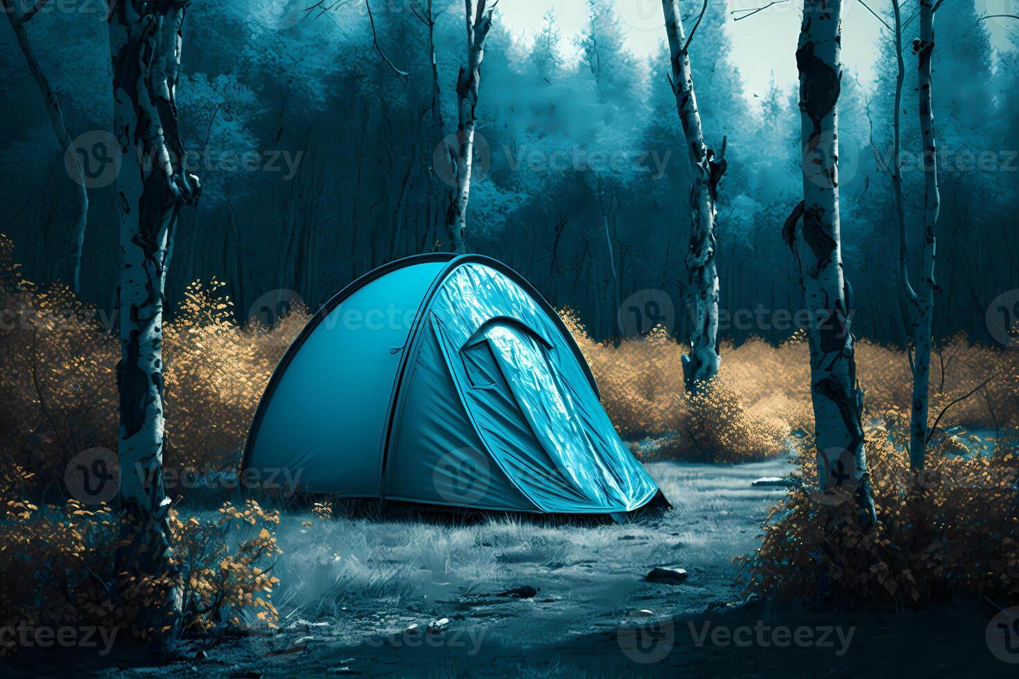 blue tent in a dark forest. photo