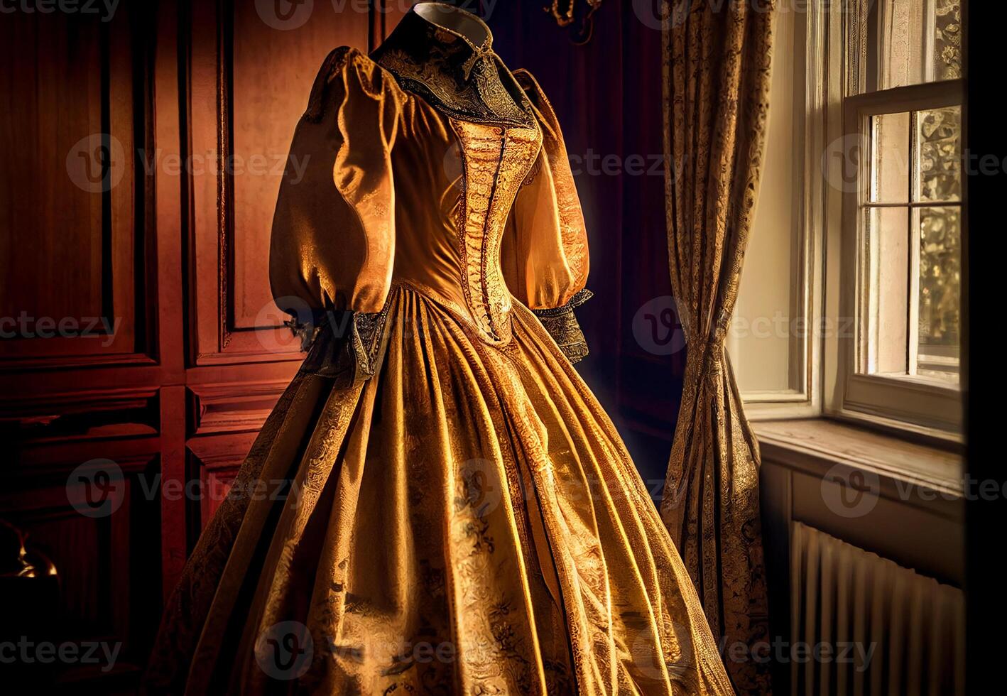 19th century women dress on a mannequin in the room. photo