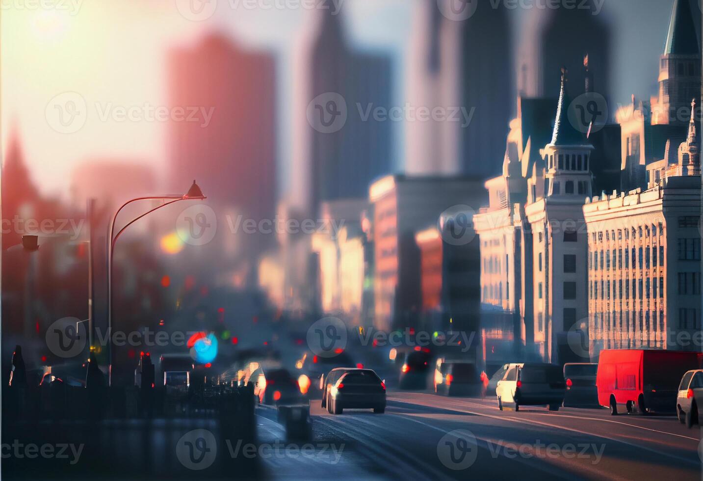 blurred city background. road in the stone jungle. skyscrapers in the background. photo