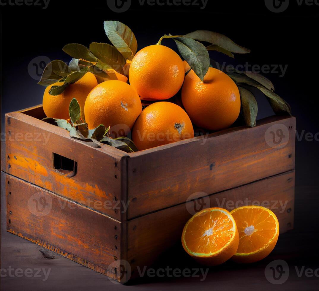 wooden box filled with oranges. sell fruits. photo