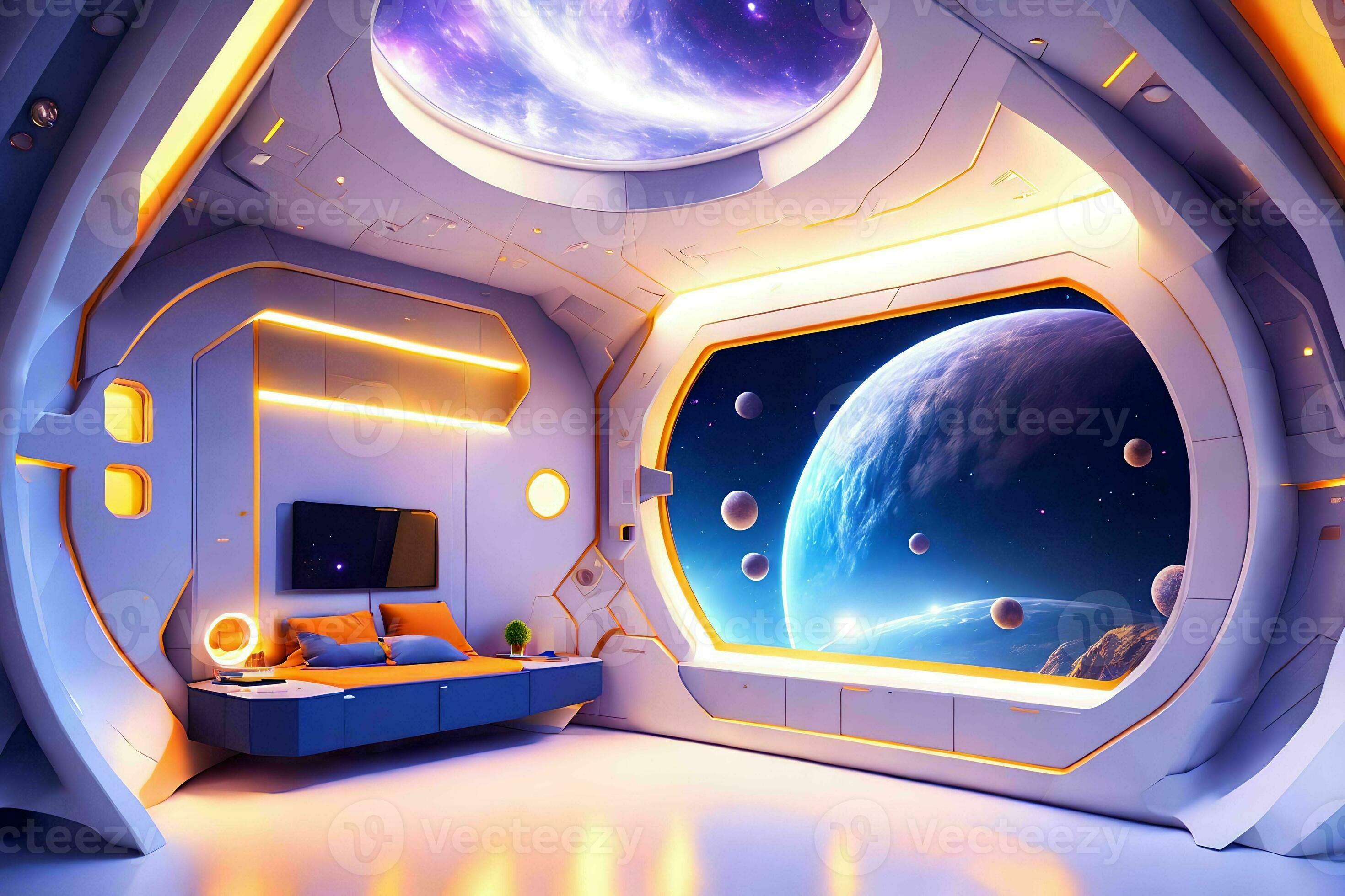 futuristic hard surface interior design of spaceship bedroom ...