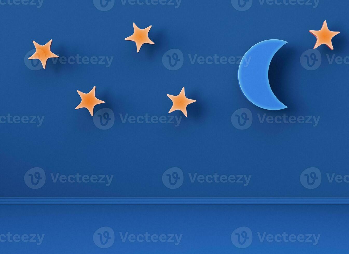 Minimalism blue color empty interior scene with cartoon styled moon and stars photo