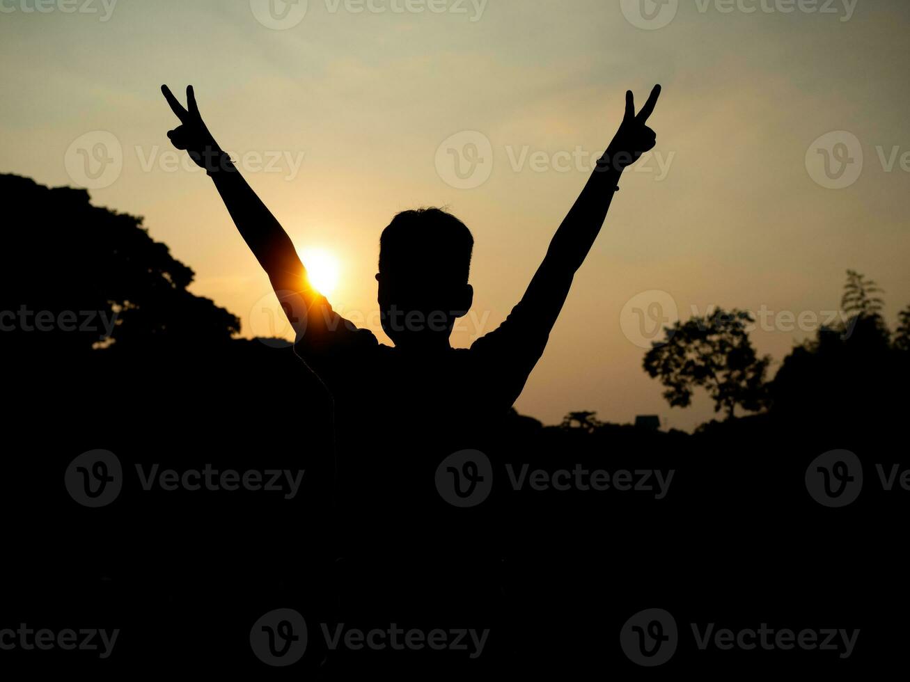 Back of man with sun background. freedom feeling. new beginning photo