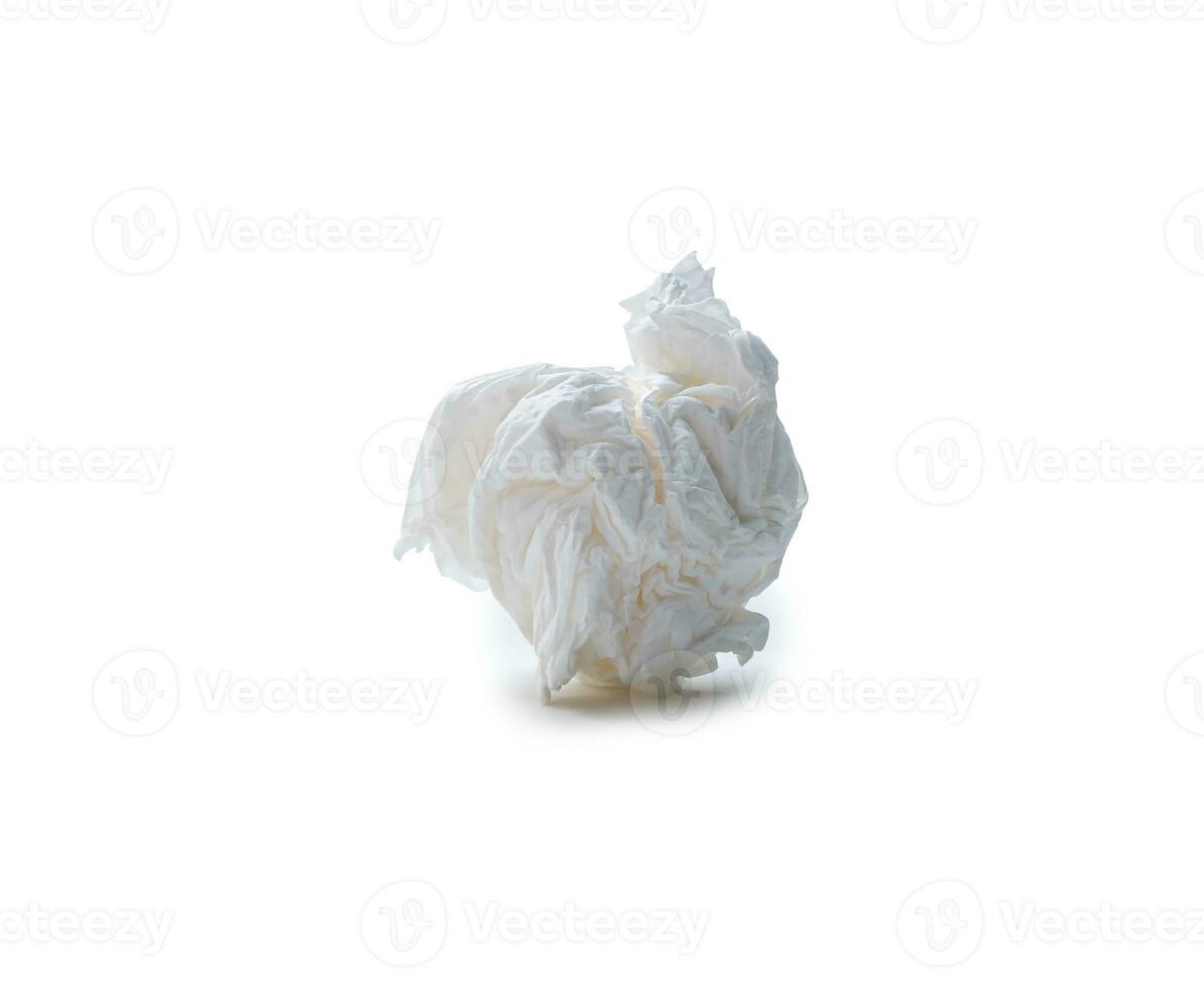 Single screwed or crumpled tissue paper or napkin in strange shape after use in toilet or restroom isolated on white background with clipping path photo