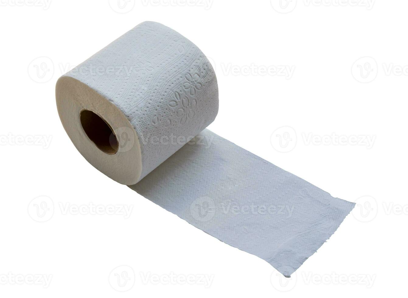 Single roll of white tissue paper or napkin prepared for use in toilet or restroom isolated on white background with clipping path photo