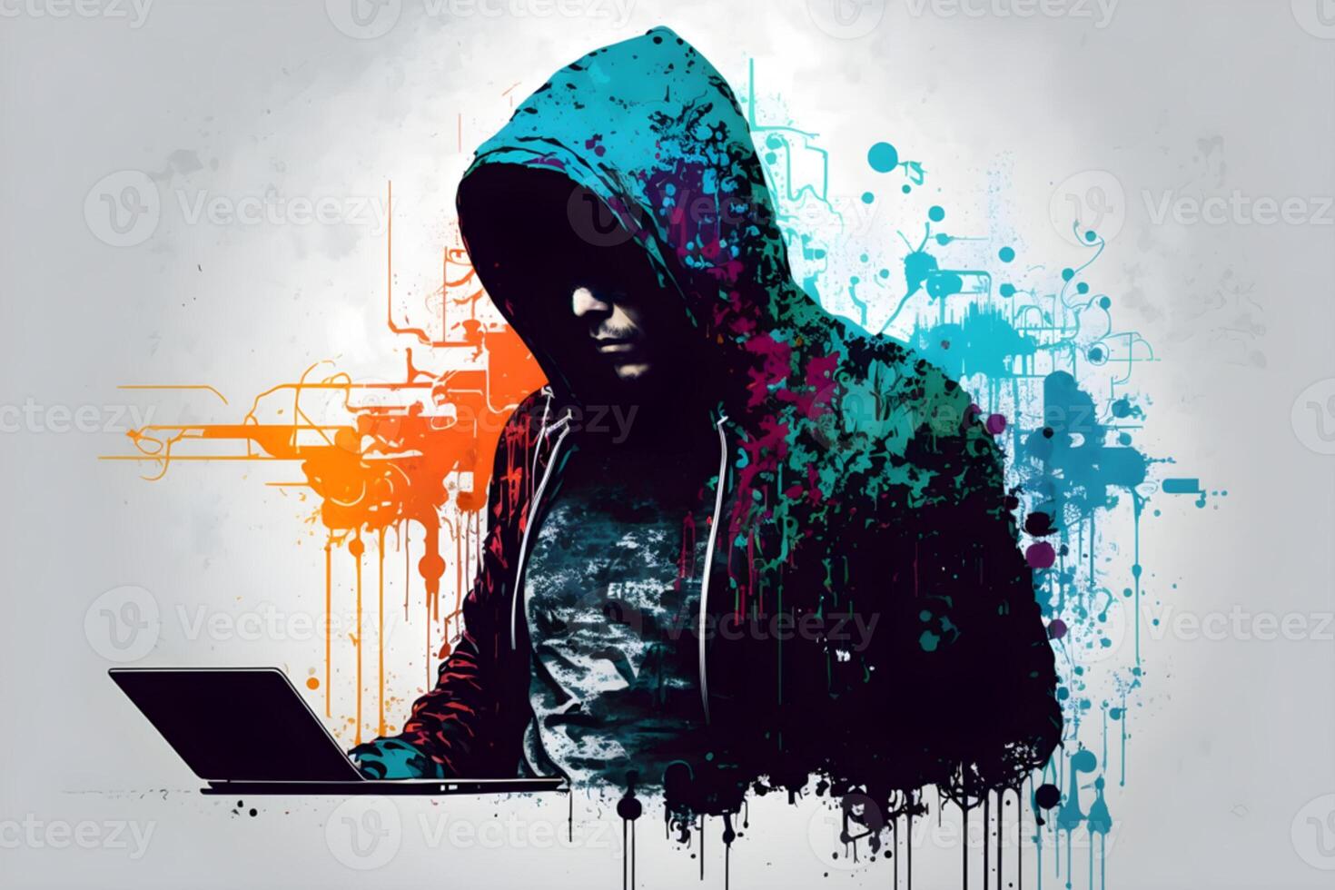 Internet hacker sitting at personal computer laptop tablet photo