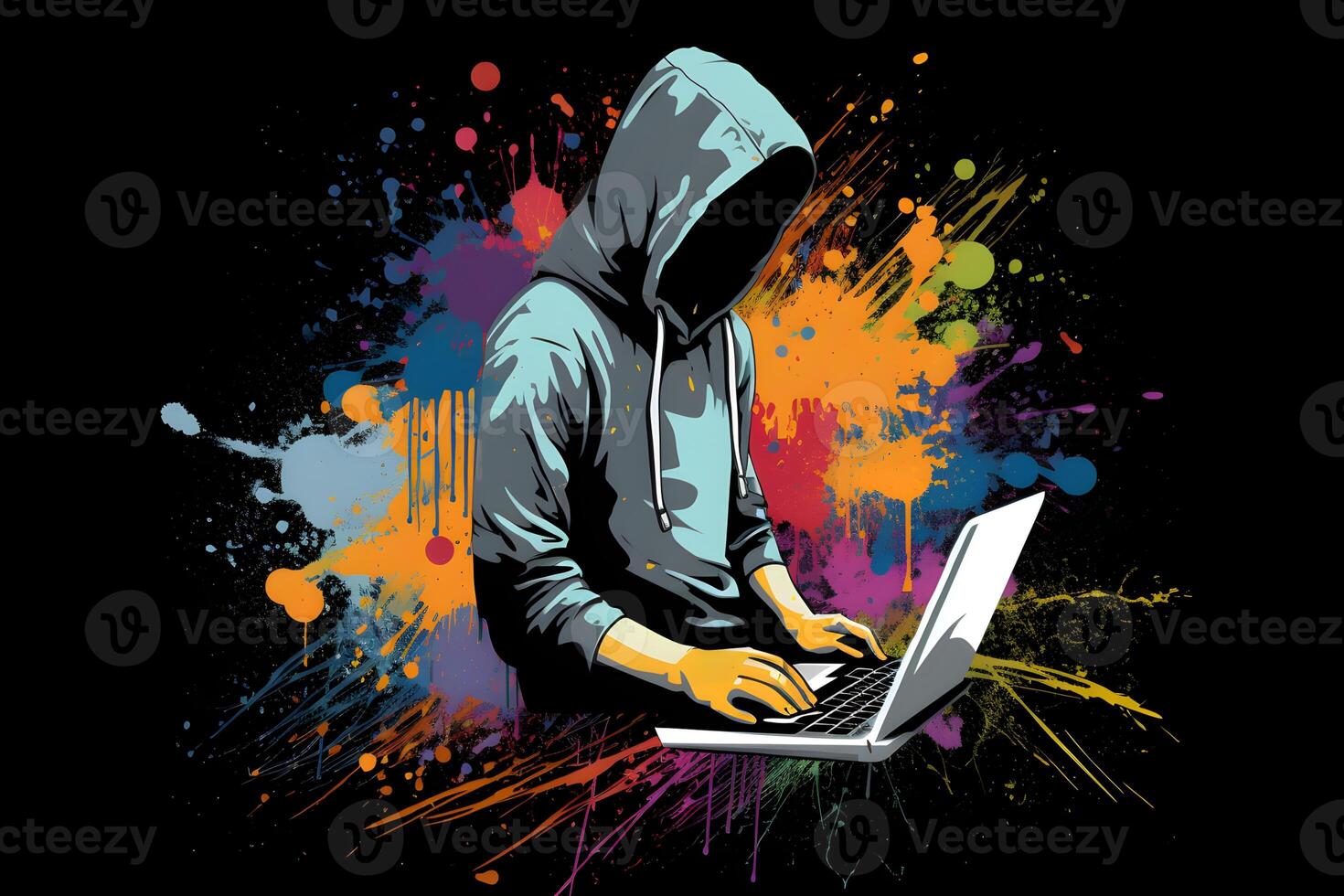 Internet hacker sitting at personal computer laptop tablet photo