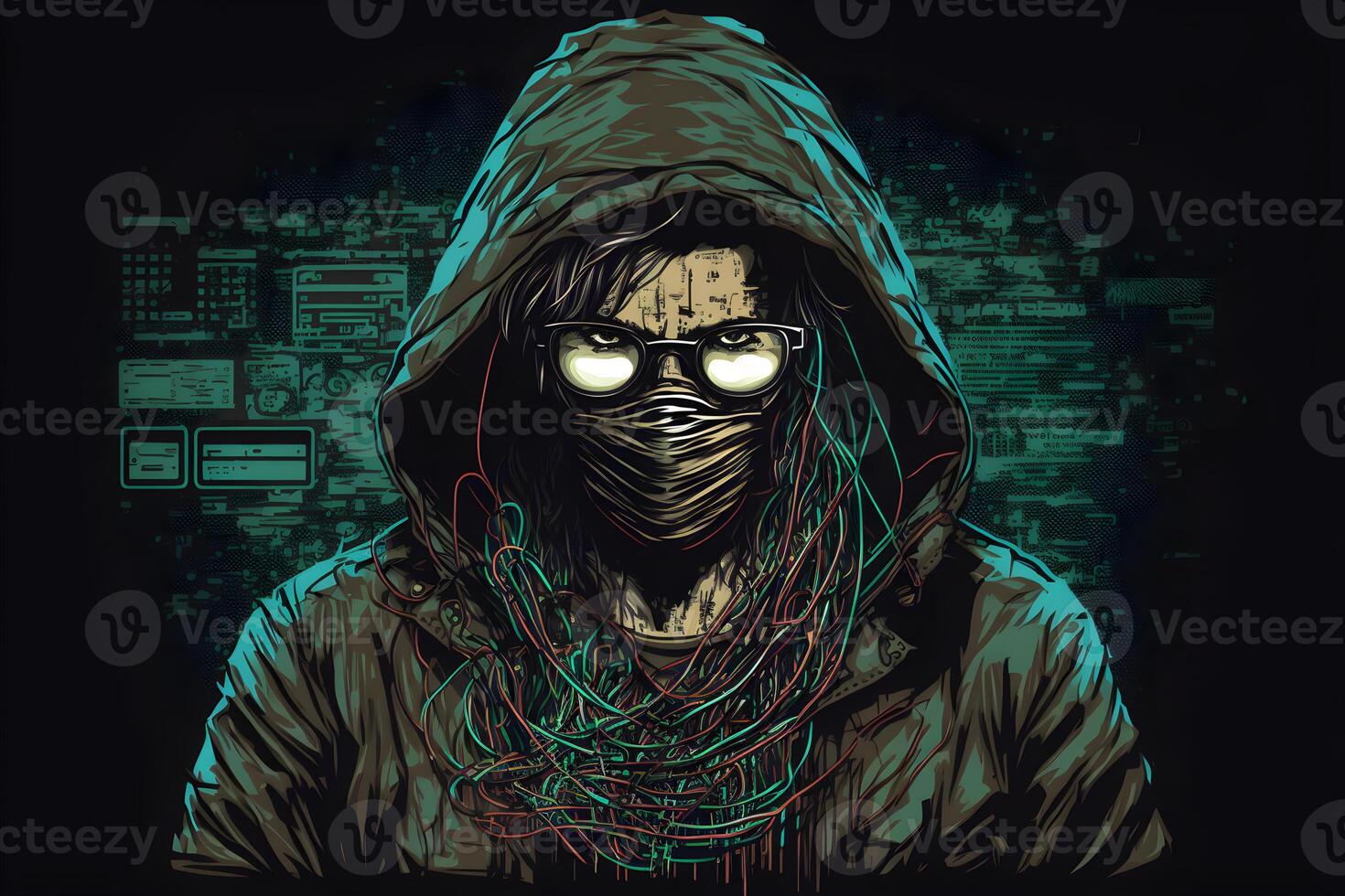 Internet hacker sitting at personal computer laptop tablet photo