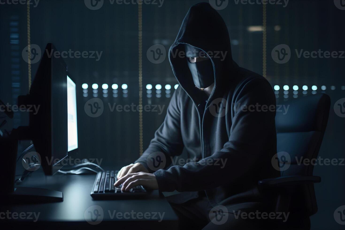 Internet hacker sitting at personal computer laptop tablet photo