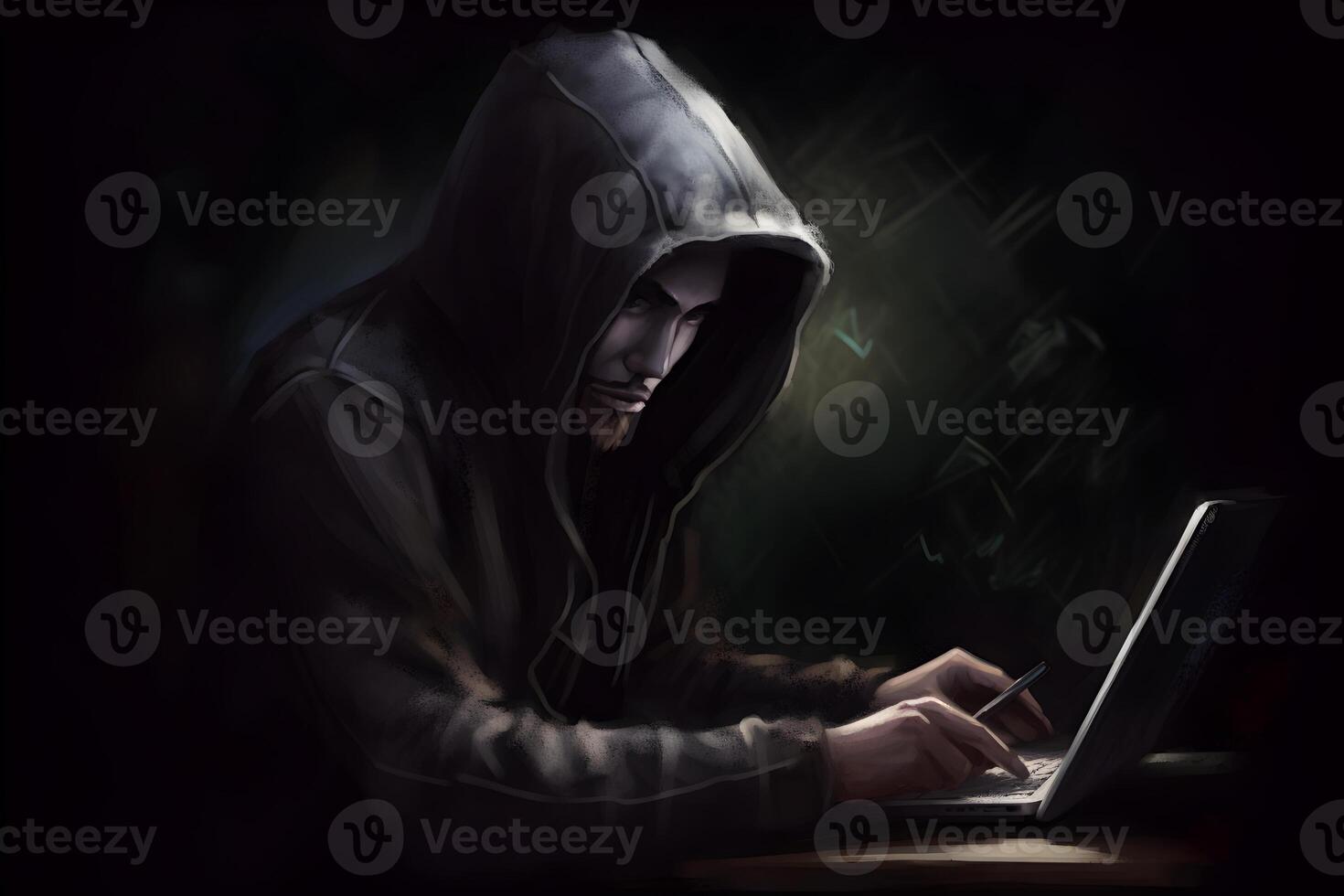Internet hacker sitting at personal computer laptop tablet photo