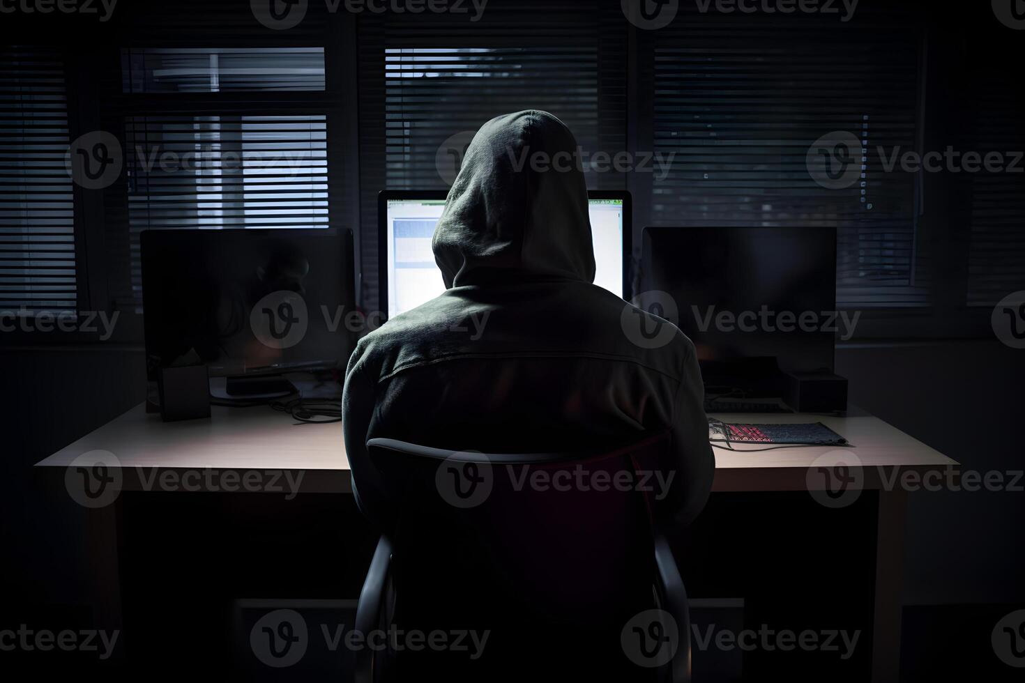 Internet hacker sitting at personal computer laptop tablet photo