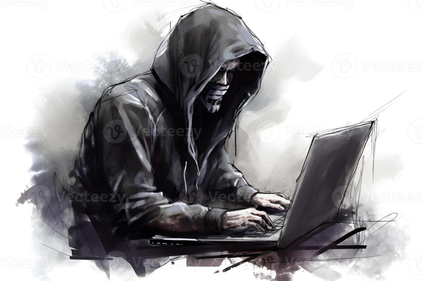 Internet hacker sitting at personal computer laptop tablet photo