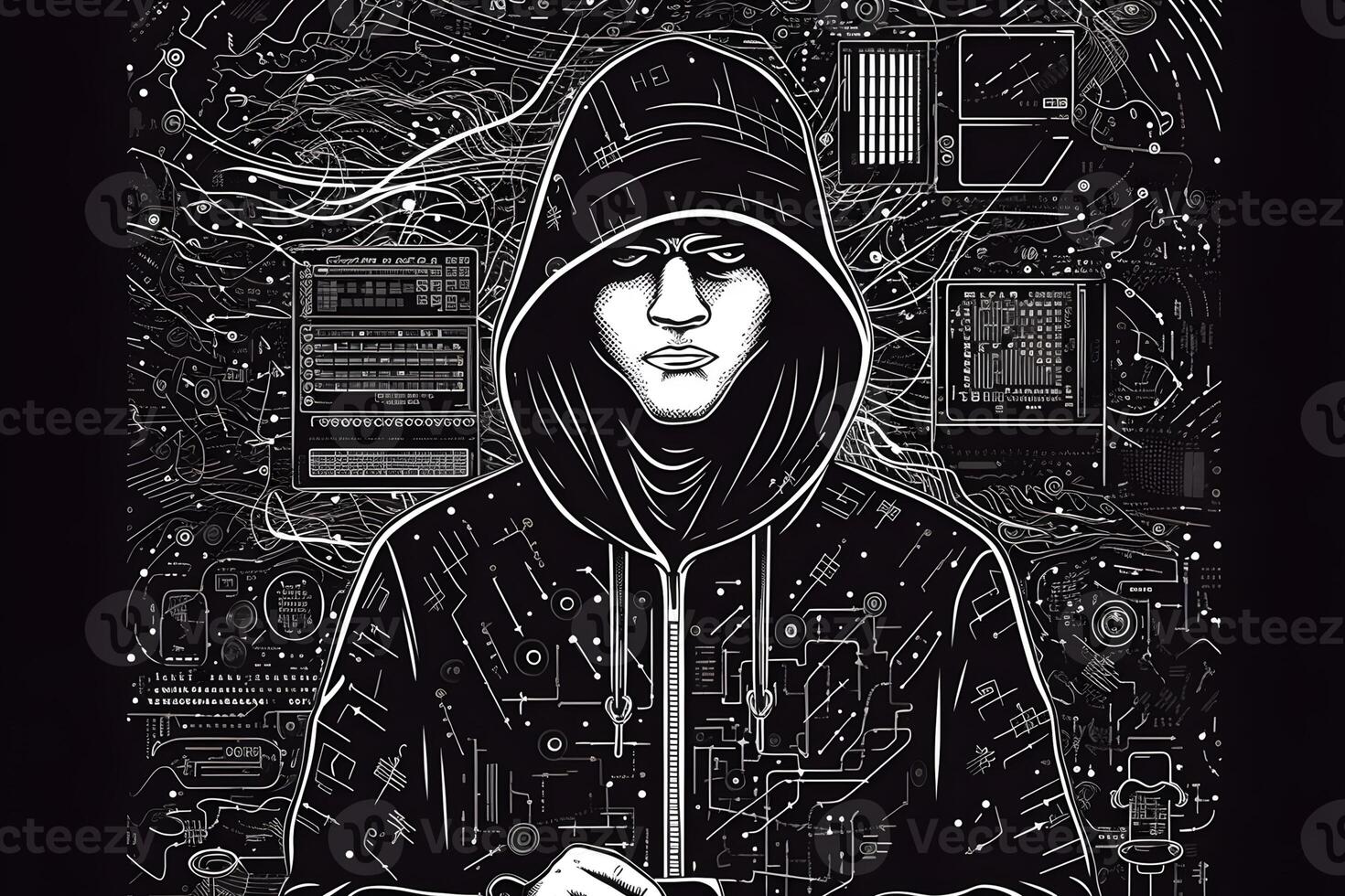 Internet hacker sitting at personal computer laptop tablet photo