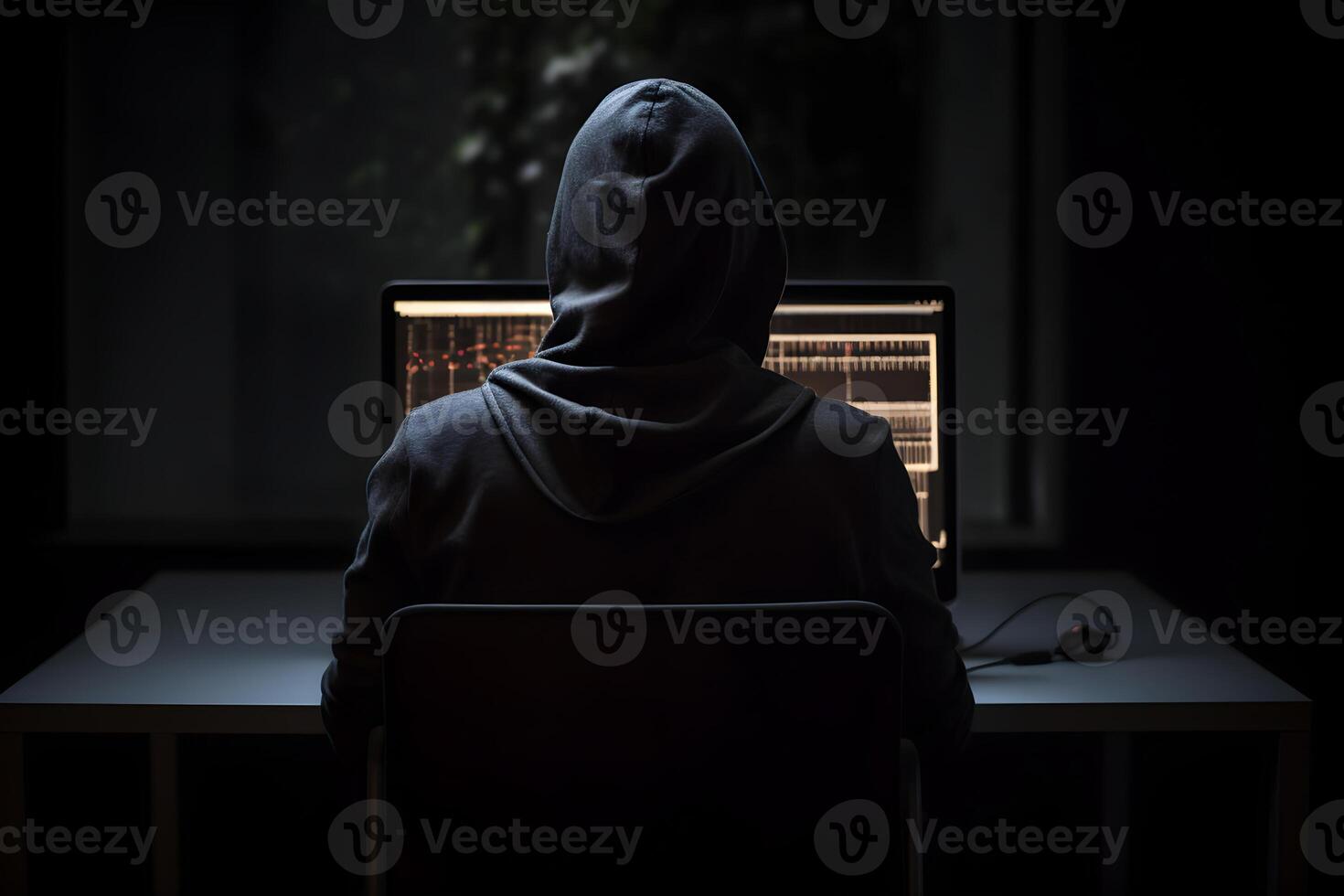 Internet hacker sitting at personal computer laptop tablet photo