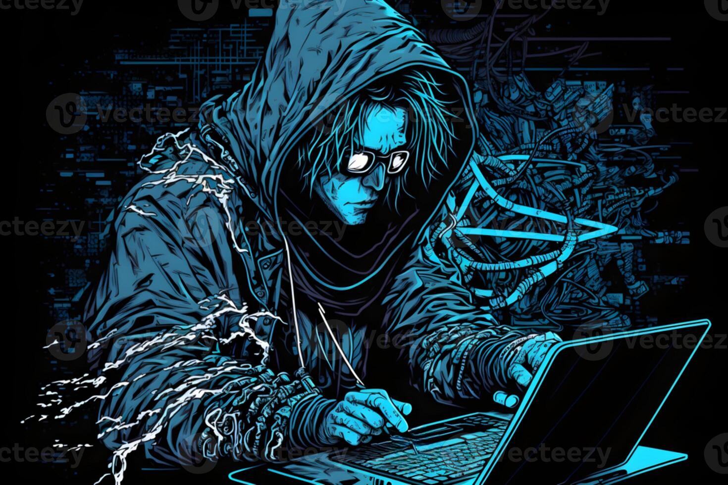 Internet hacker sitting at personal computer laptop tablet photo